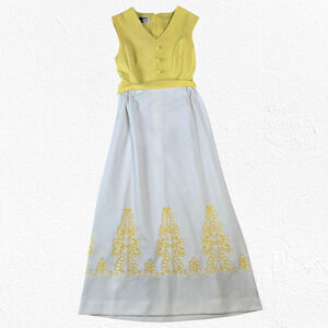 60s Vintage Yellow White Crimplene Embroidery USA Edith Flagg Maxi Dress Size 8
